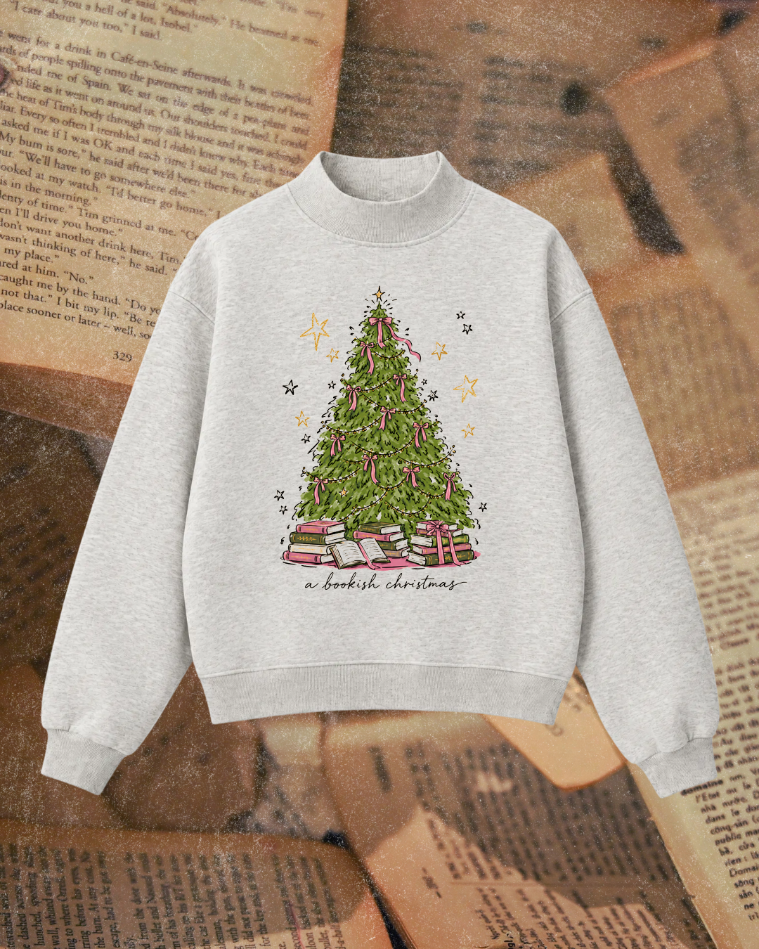 A Bookish Christmas tree mock neck sweatshirt, oatmeal heather