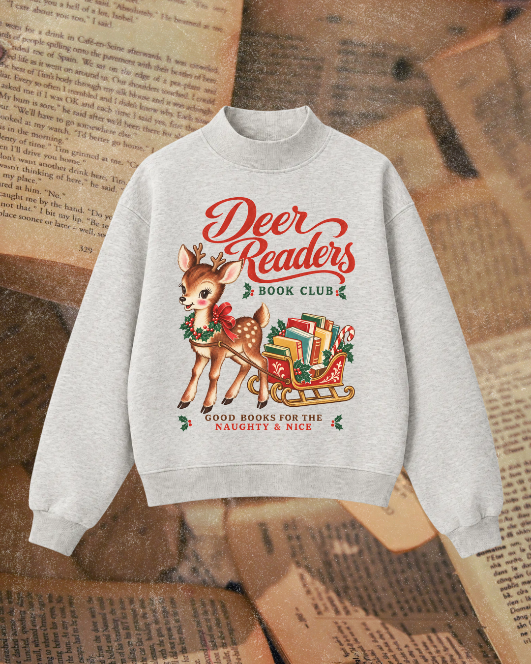 Deer Readers Book Club Christmas Mock Neck Sweatshirt