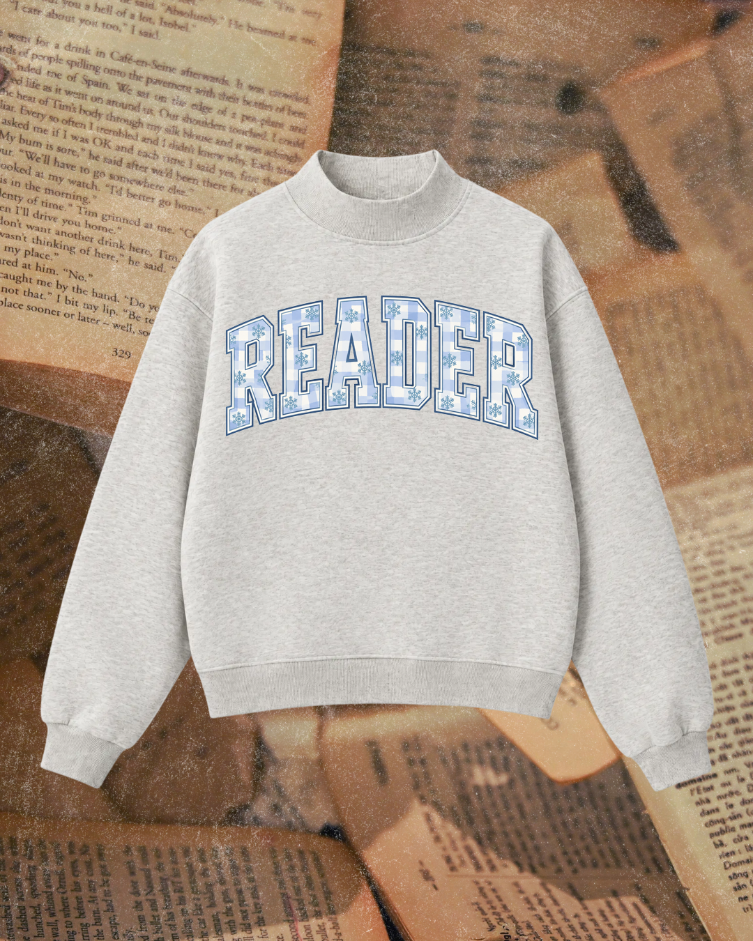 Reader snowflake gingham varsity mock neck sweatshirt, oatmeal heather